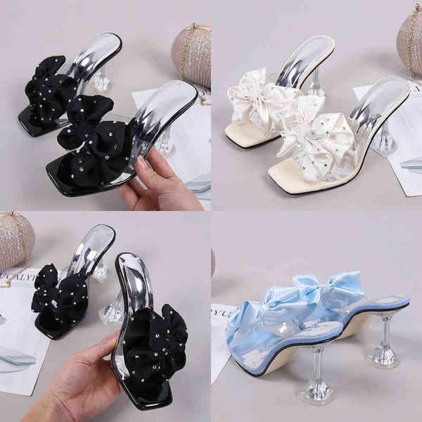 

2022 new fashion crystal bow high heels slippers shoes woman pvc transparent sandals women slides open toe pumps blue black y220523