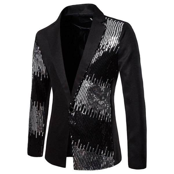 stile lucido nero con paillettes glitter cappotti da uomo slim fit giacca con bottone singolo giacca da uomo party stage cantante blazer S-2XL 220527