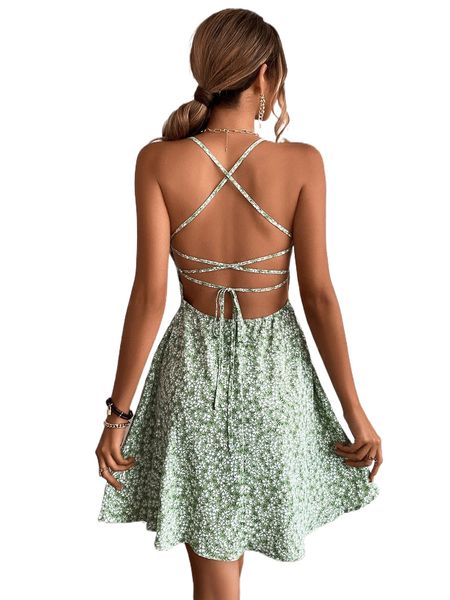 

ditsy floral lace up backless cami dress x7tk#, Black;gray