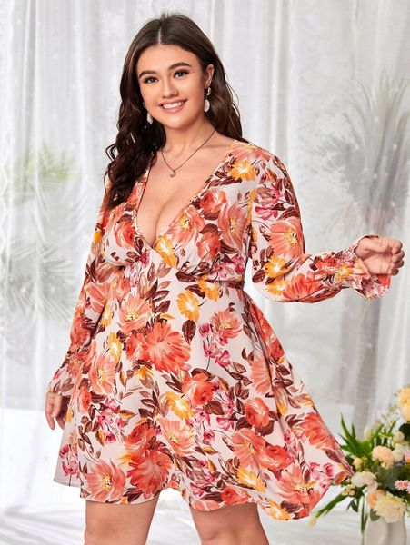 

plus allover floral plunging neck shirred cuff flounce sleeve dress y8i2#, Black
