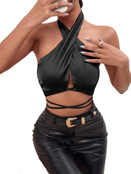 

tie back drawstring ruched halter h5jy#, White