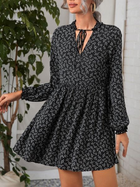 

ditsy floral print tie neck dress m87q#, Black;gray
