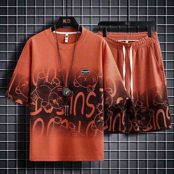 

gradient short sleeve t-shirt men's summer live cartoon print half waffle casual sports suit t, White;black