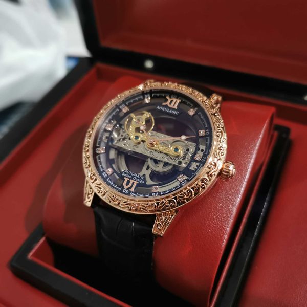 

aogulas automatic mechanical watch business leisure waterproof men's watch luminous leather hollow out tiktok, Slivery;brown