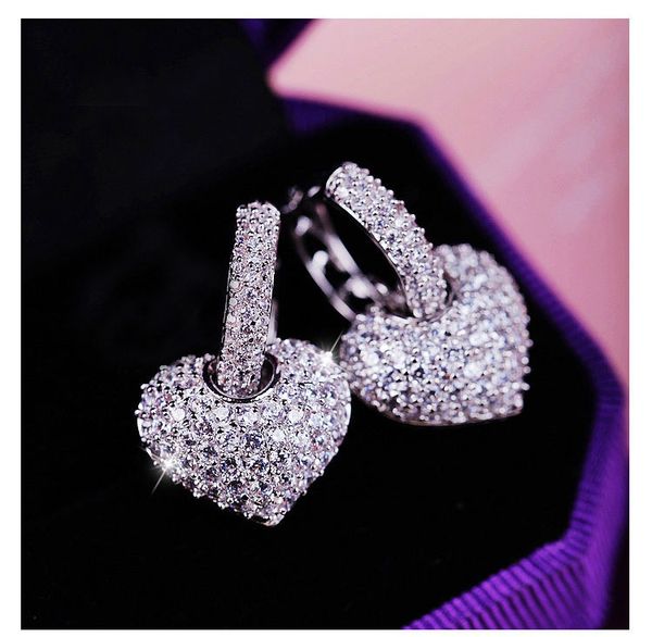 

korean fashion s925 needle shining full a stone stud earrings sweet heart designer luxury crystal ear rings jewelry for women girls, Golden;silver