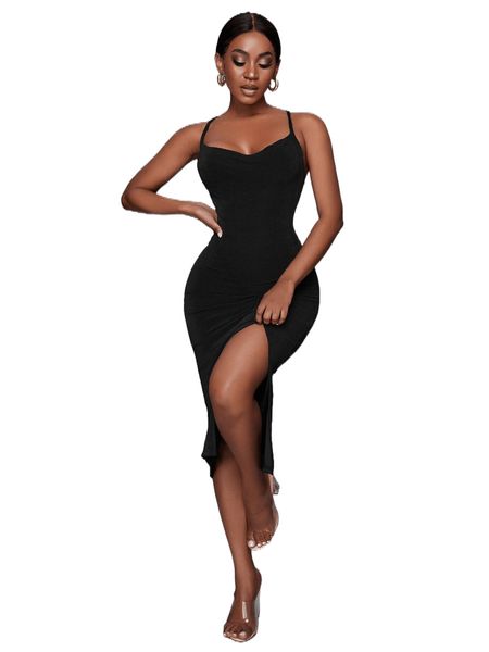 

sxy criss cross back split thigh cami bodycon dress y1kf#, Black;gray