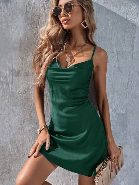 

satin solid cowl neck cami dress h8kh#, Black;gray