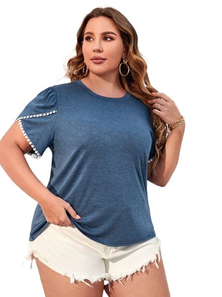 

plus guipure lace petal sleeve tee t6gi#, Black