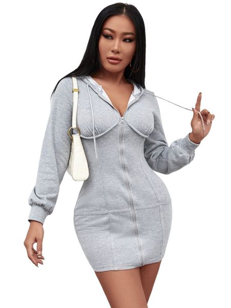 

petite zip up bustier drawstring hoodie dress y4mp#, Black