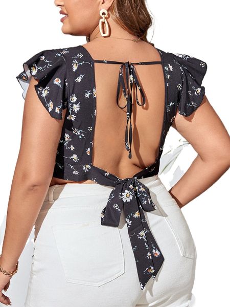 

plus floral print tie backless butterfly sleeve blouse n9hr#, Black