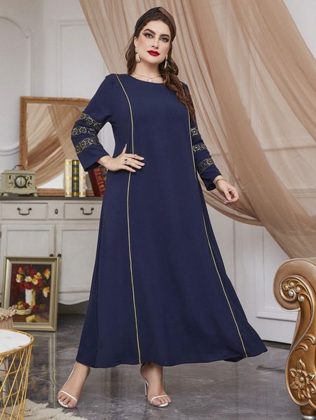 

plus geo embroidery sequin insert contrast piping dress 49ma#, Black