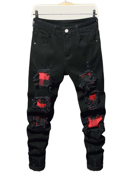 

men buffalo plaid patched ripped jeans e6w2#, Blue