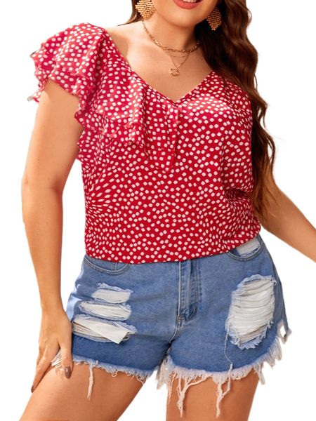 

plus ditsy floral layered ruffle trim blouse r4x1#, Black