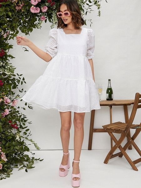 

solid square neck puff sleeve dress p3sj#, Black;gray