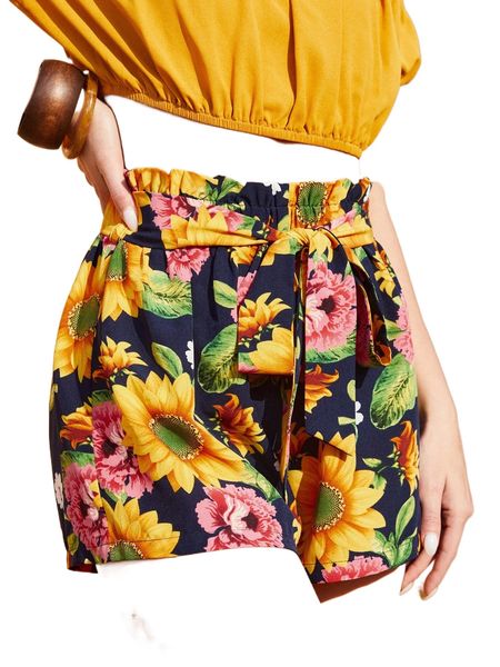 

paperbag waist self belted floral shorts e6io#, White;black