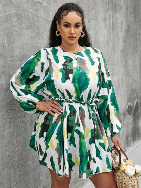 

glamaker plus ink splash belted dress w3u7#, Black