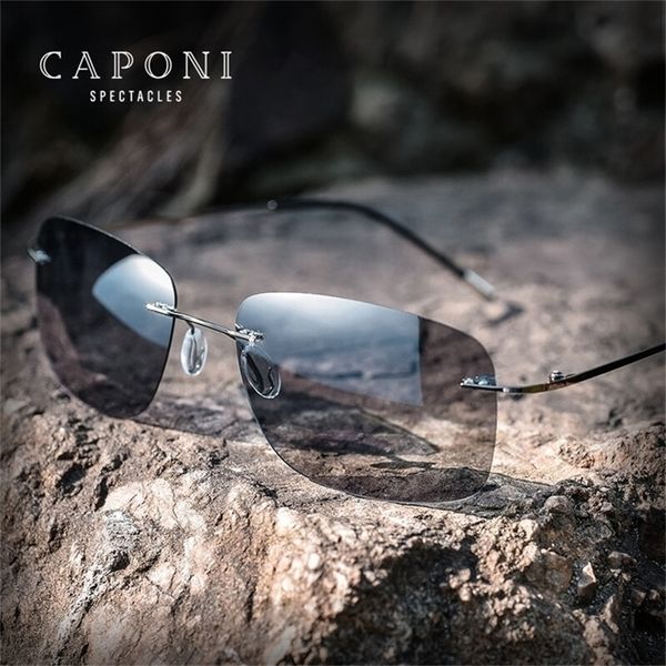 

caponi square sun glasses for men pochromic polarized rimless sunglasses classic design eyewear uv400 bs7467 220617, White;black