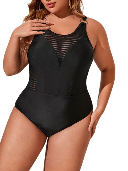 

plus contrast mesh ring linked one piece swimsuit n2eg#, White;black