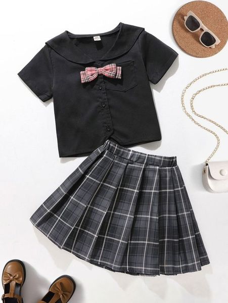 

girls sailor collar bow front blouse & plaid print pleated skirt she, White