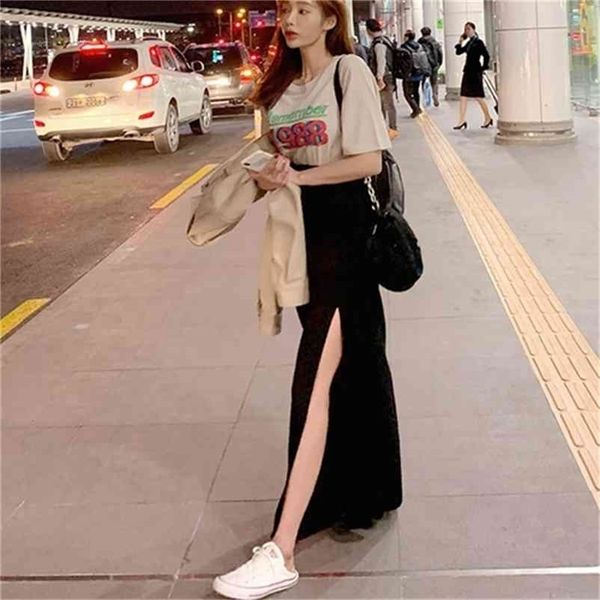 

new cotton high waist split side black skirt women long solid skirts womens summer skirt girls high waist straight 210325