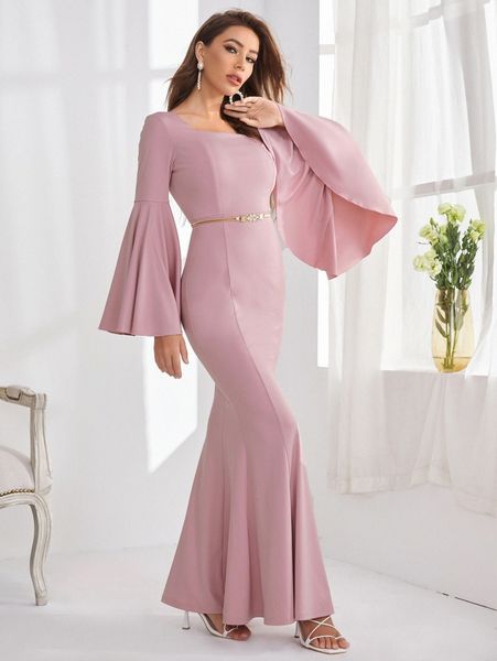 

flounce sleeve mermaid hem dress without belt p1x5#, Black;gray