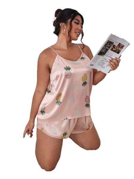 

plus pineapple print cami & shorts pj set y7gy#, Black;white