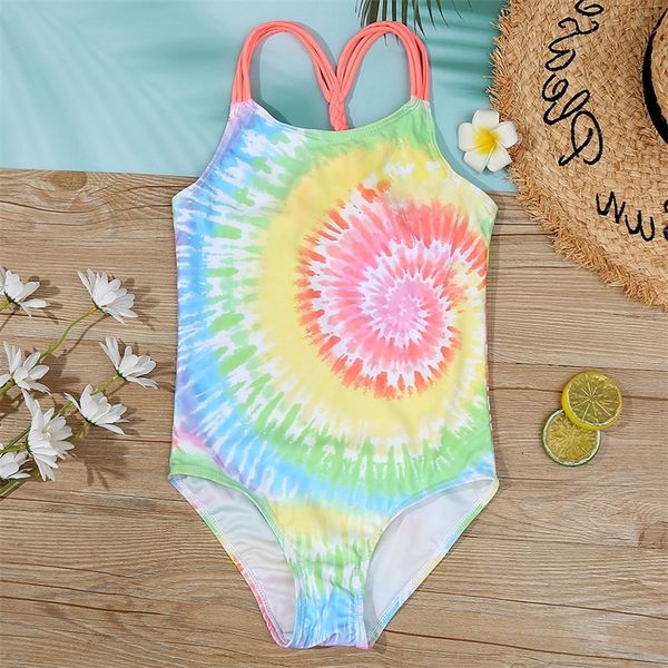 

tie dye girls swimsuit kids 7-16 years children's swimwear knitted bathing suit monokini swimming beachwear 220426, Black