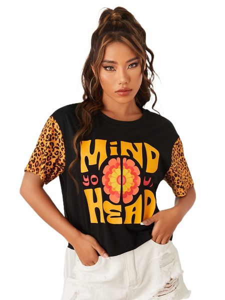 

x sydney prusso leopard & letter graphic drop shoulder tee a4bo#, White