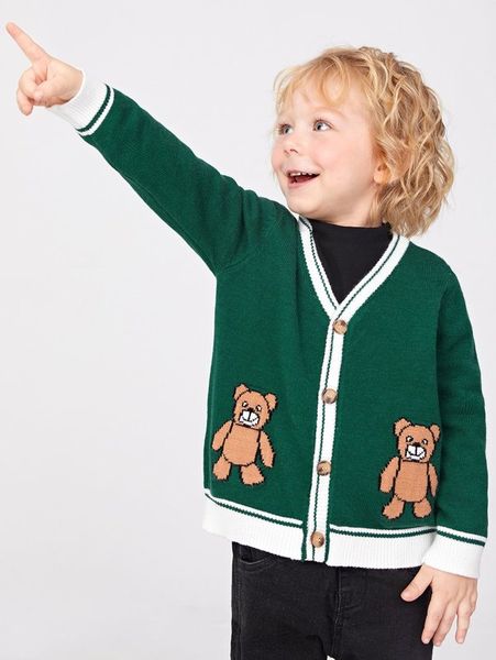 

toddler boys bear pattern contrast trim cardigan she, Blue