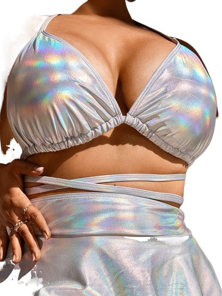 

plus metallic lace up halter triangle bikini p9yy#, Black