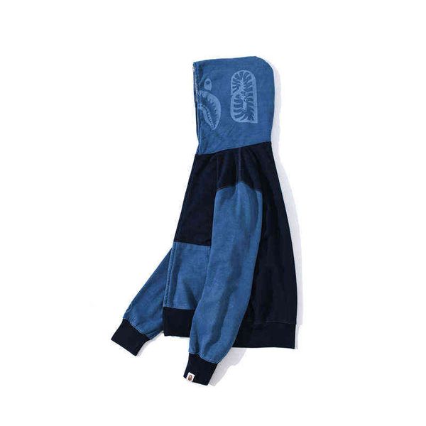 

factory online export new designer brand sweater bap tide shark splicing denim hooded men's and women's pullover kangaroo, Black