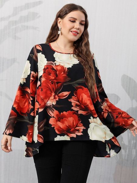

plus floral print flounce sleeve asymmetrical hem blouse 68jv#, Black