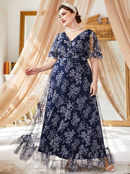 

plus floral mesh ruffle hem maxi dress q8ih#, Black