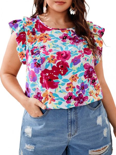 

plus floral print ruffle armhole blouse 34al#, Black