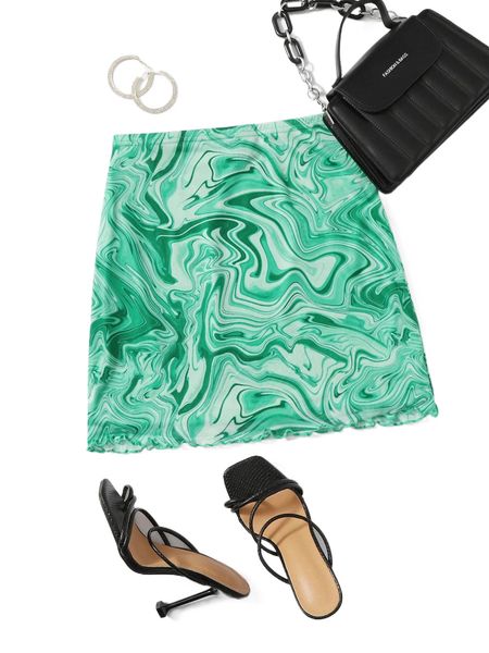 

m.arble print l.ettuce t.rim m.esh s.kirt t16k#, Black