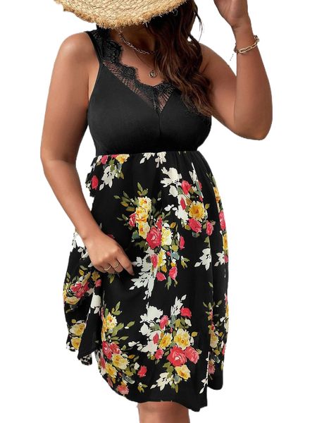 

plus floral print contrast eyelash lace sleeveless a-line dress y98z#, Black