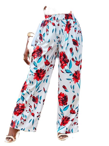 

sxy floral print elastic waist wide leg pants l5yx#, Black;white