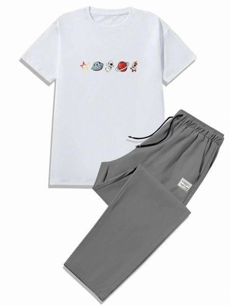 

men cartoon graphic tee & letter patched pants o2xe#, Gray