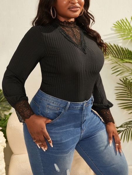 

sxy plus ribbed knit contrast lace tee 85cp#, Black