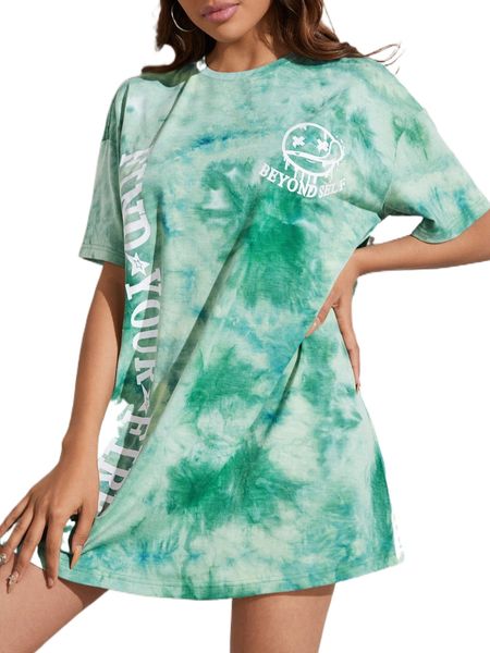 

tie dye & slogan graphic drop shoulder dress 0125#, Black;gray