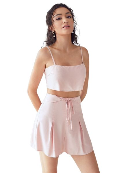 

solid crop cami & plicated detail knot front skort b4my#, White