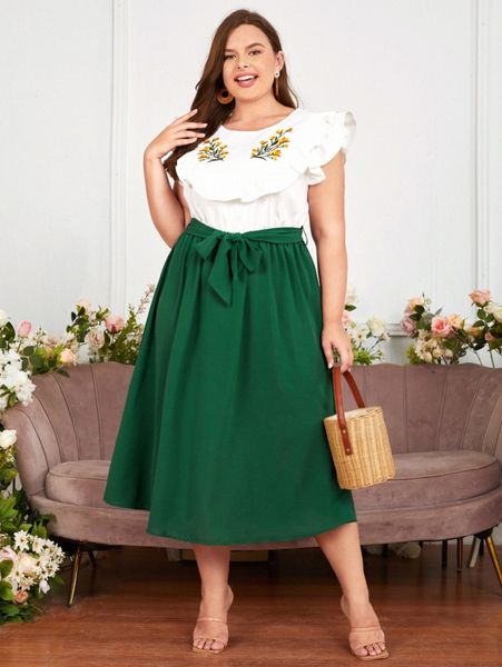 

plus 1pc floral embroidery ruffle trim belted dress 955h#, Black