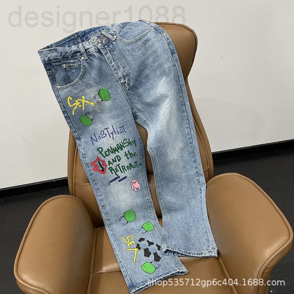 

women's jeans designer [correct version]2022 spring cross graffiti straight tube design t85j, Blue