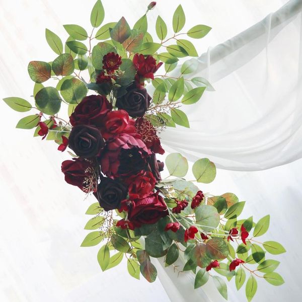 Декорация вечеринки 2pcs Wine Red Rose Artificial Flower Outdoor Свадебный фон арка декоративная угловая домашняя поддельная стена оттопляется отдержка