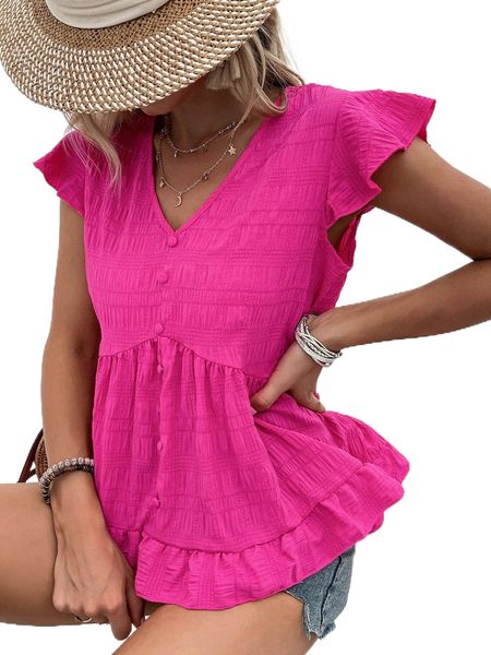 

fake button front ruffle trim blouse 96qp#, White