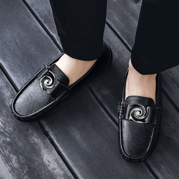 

loafers men shoes pu leather solid color round toe flat casual simple metal decoration comfortable breathable everyday peas shoes hm293, Black
