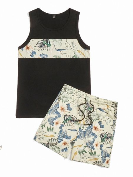 

men tropical print tank & drawstring waist shorts m1zc#, Gray