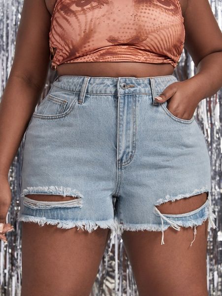 

plus ripped raw hem denim shorts r8eh#, White;black