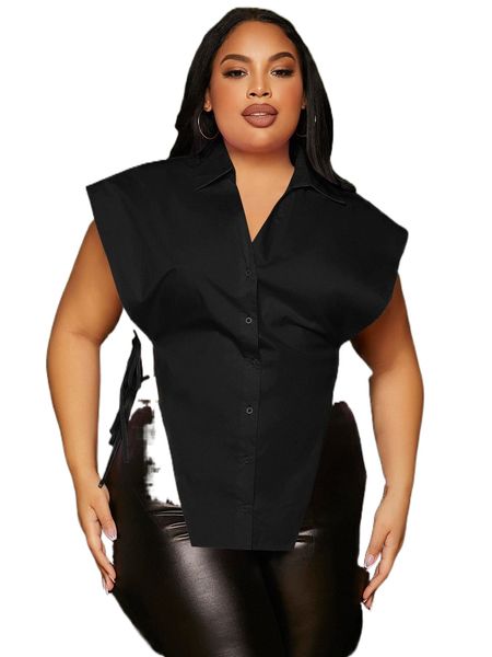 

sxy plus button front knot side asymmetrical hem blouse j0n3#, Black