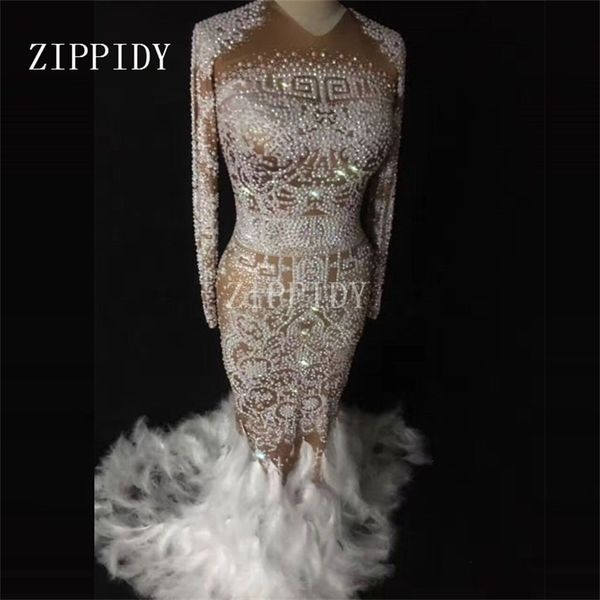 

sparkly rhinestones feather nude dress nightclub full stones long big tail dress costume prom birthday celebrate dresses y200824, Black;red
